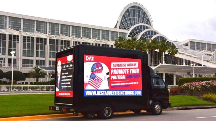 political campaign branding on mobile billboard truck